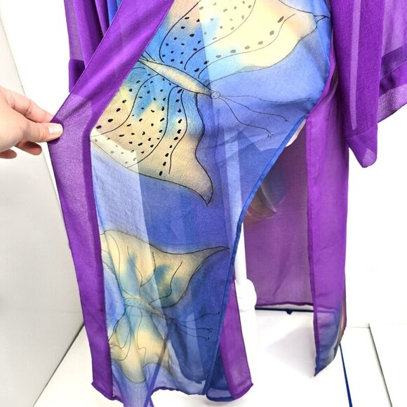 Vintage Liz & Me Purple Butterfly Sheer Long Sleeve Duster Maxi Cadigan - Picture 3 of 9